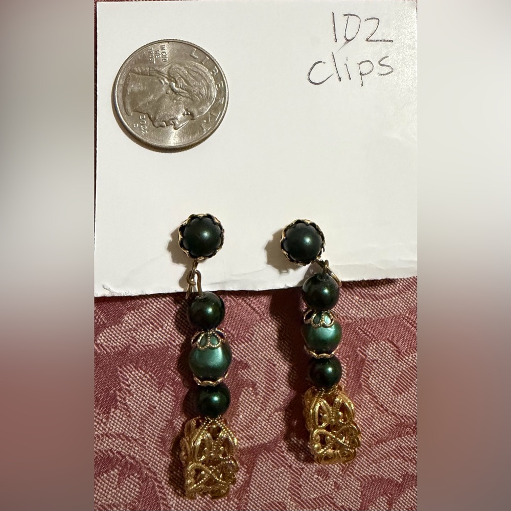 Gold and Green Pearl Drop Clip-On Earrings